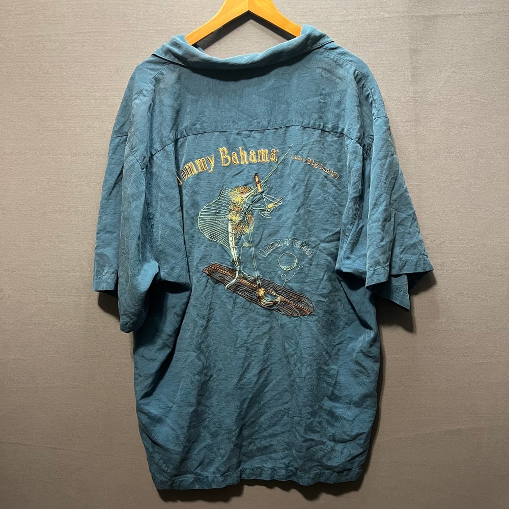 Tommy Bahama Silk Shirt Mens Large Blue Marlin Chairman of the Board Embroidered